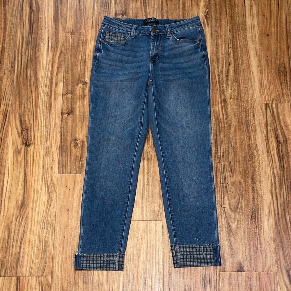 Judy Blue women’s 7 28 jeans skinny blue mid rise plaid cuff crop ankle stretch